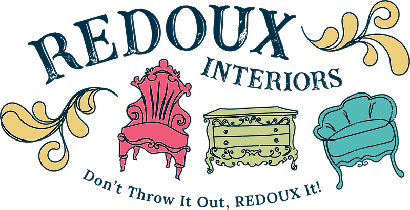 Logo of Redoux Interiors featuring vintage furniture with text promoting Painting Your Kitchen and Bath Cabinet Course